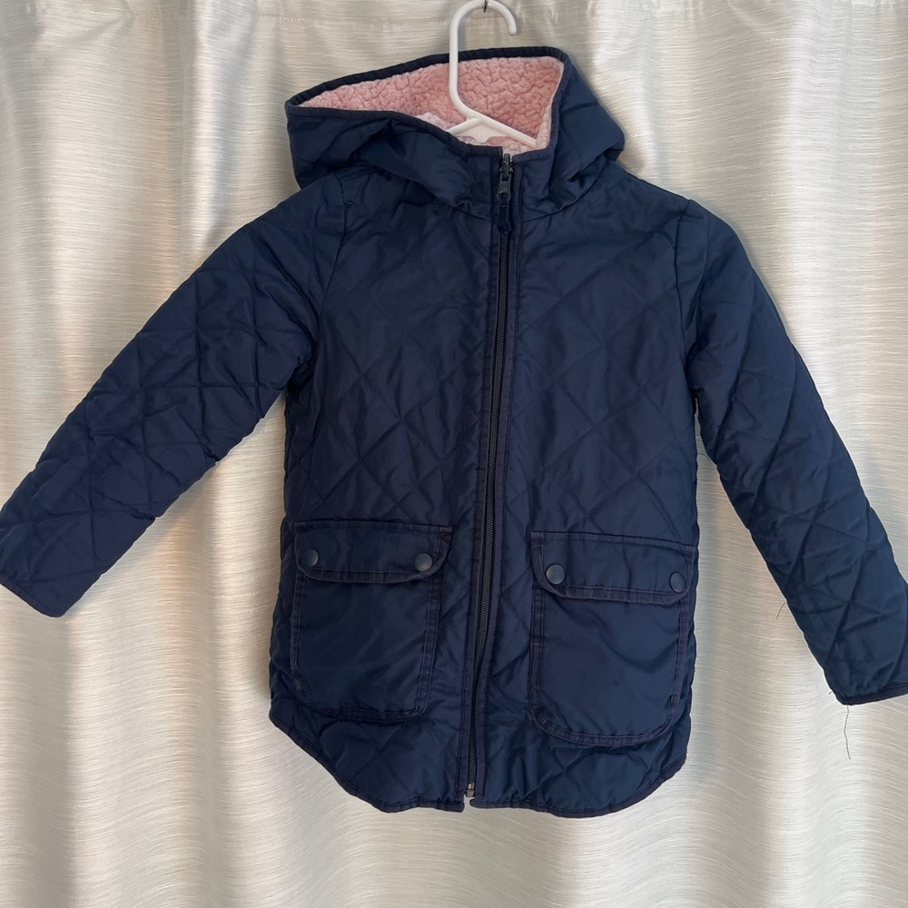 Crew Cuts 6/7 Navy Quilted Kids Jacket with Pink Sherpa Lining